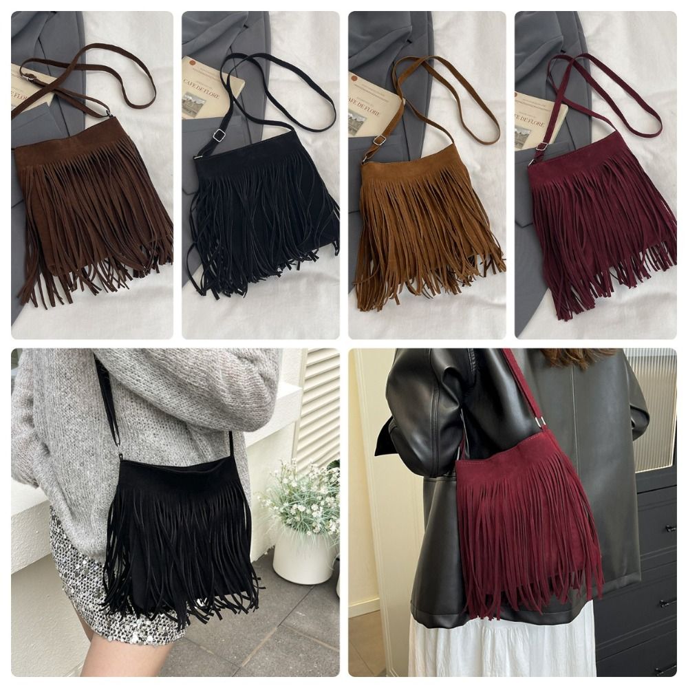Vintage Suede Fringe Crossbody - Bucket Bag Suede ulasan dan harga