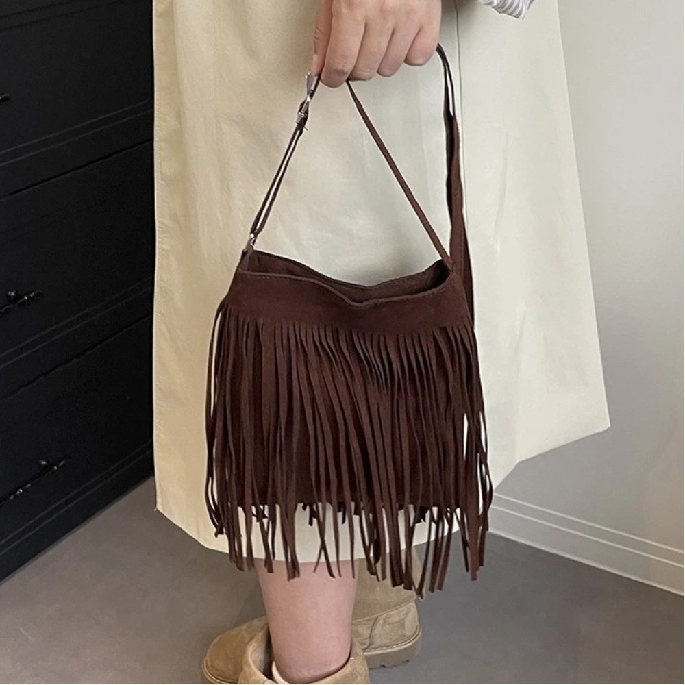 Vintage Suede Fringe Crossbody - Bucket Bag Suede ulasan dan harga
