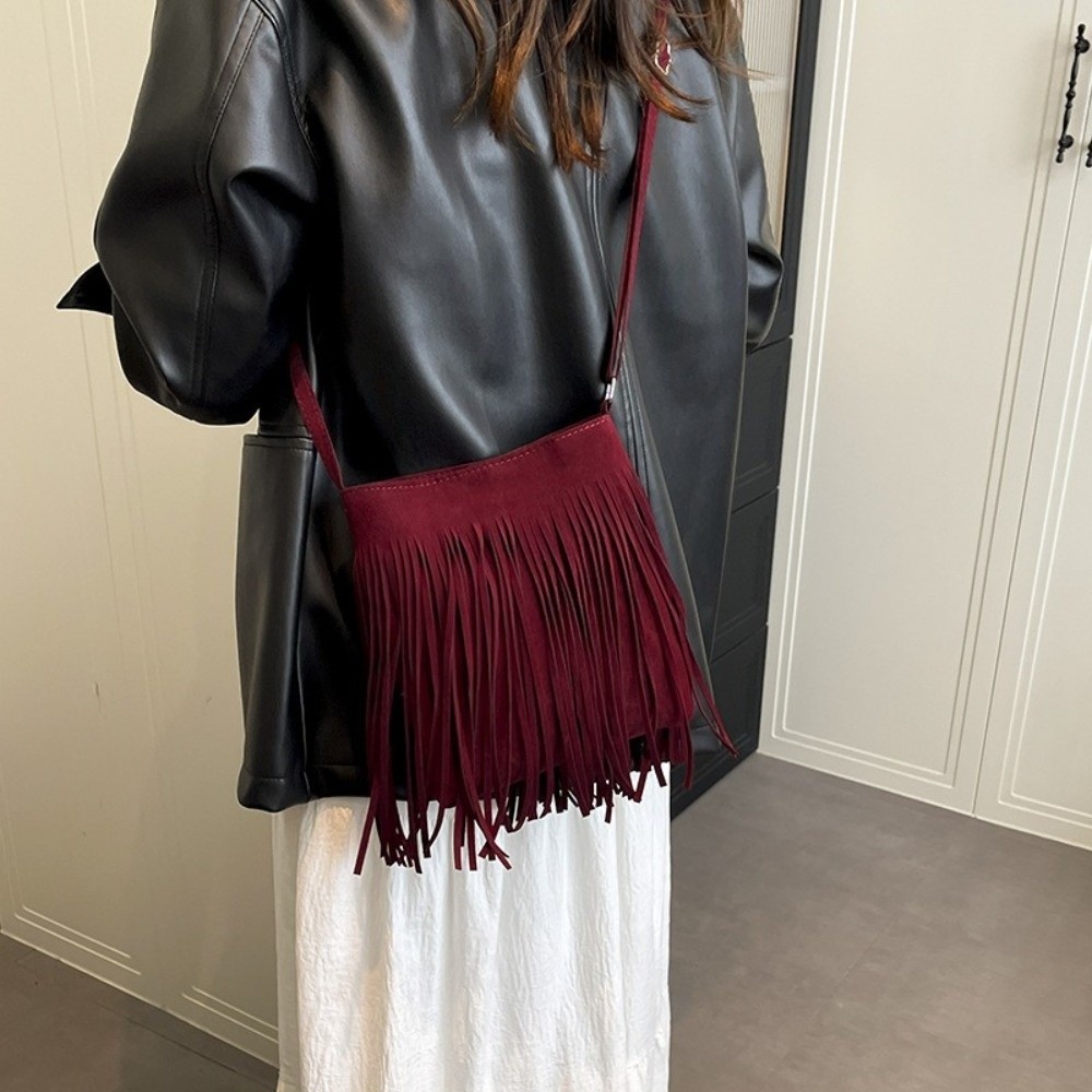 Vintage Suede Fringe Crossbody - Bucket Bag Suede ulasan dan harga