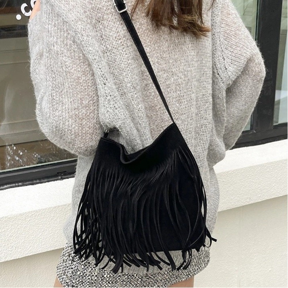 Vintage Suede Fringe Crossbody - Bucket Bag Suede ulasan dan harga